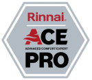 Hexagonal badge with the text "Rinnai ACE PRO Advanced Comfort Expert" in black and red on a gray background, highlighting climatemakers committed to delivering advanced comfort solutions.
