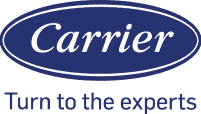 Carrier company logo with the word "Carrier" in white on a blue oval, and the slogan "Turn to the experts" written below in blue text, emphasizing Carrier as trusted climatemakers for your comfort needs.