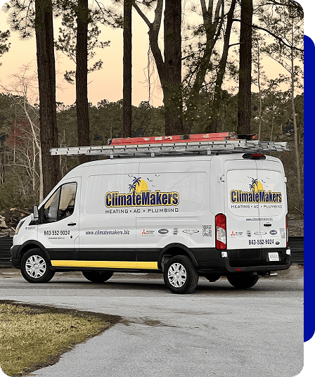 A white climatemakers service van with company branding and a ladder on top is parked outdoors near trees.