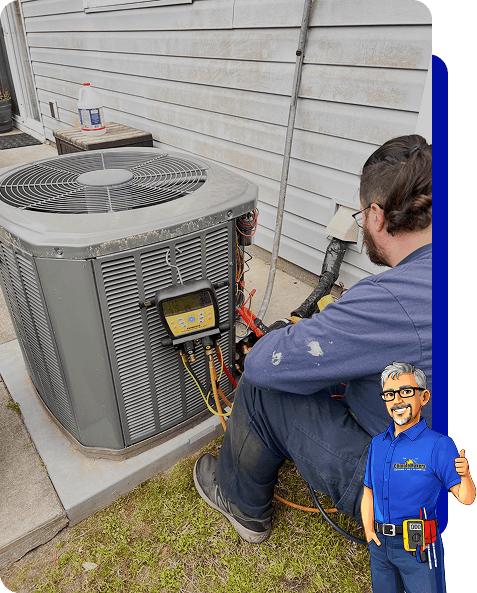 A technician sits beside an outdoor air conditioning unit, using diagnostic tools, with the climatemakers cartoon repairman graphic in the bottom right corner.