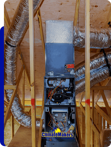 An HVAC system with exposed wiring and ductwork is installed between wooden beams in a building under construction. The ClimateMakers logo is visible at the bottom, highlighting expert work by climatemakers.