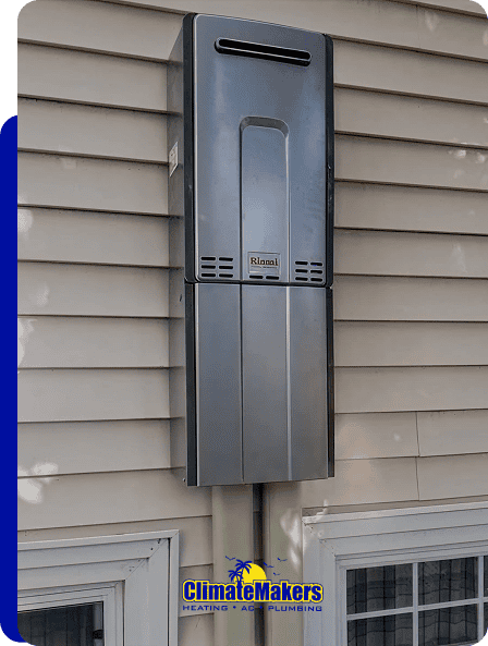 A Rinnai tankless water heater is mounted on the exterior wall of a house, featuring the climatemakers Heating & Air Plumbing logo at the bottom.