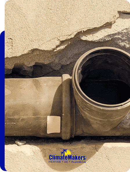 A broken pipe is exposed in a concrete wall with visible cracks. The climatemakers Heating, AC, and Plumbing logo appears at the bottom, ready to tackle your plumbing emergencies.
