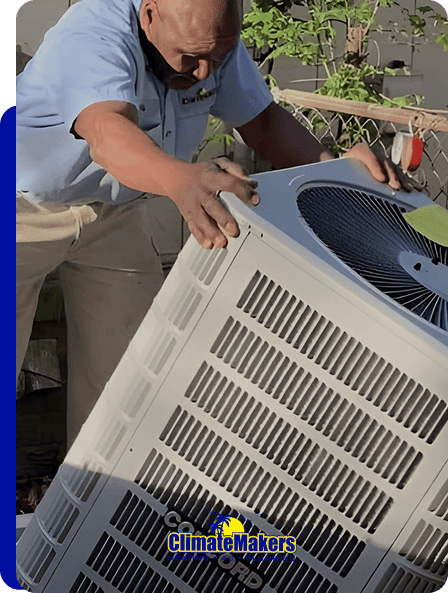 A technician in uniform installs or moves an outdoor air conditioning unit beside a fence, with the climatemakers logo clearly visible at the bottom of the image.