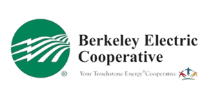 Berkeley Electric Cooperative logo with green circle, white power lines, and text reading "Your Touchstone Energy Cooperative" beside three small colored figures—a symbol of climatemakers leading energy innovation.