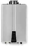 A modern, wall-mounted tankless water heater by climatemakers, featuring a digital display and sleek metallic finish.